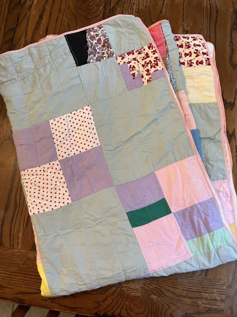 Handmade Vintage Patchwork Quilt With Multi-Color Squares & Pink Trim